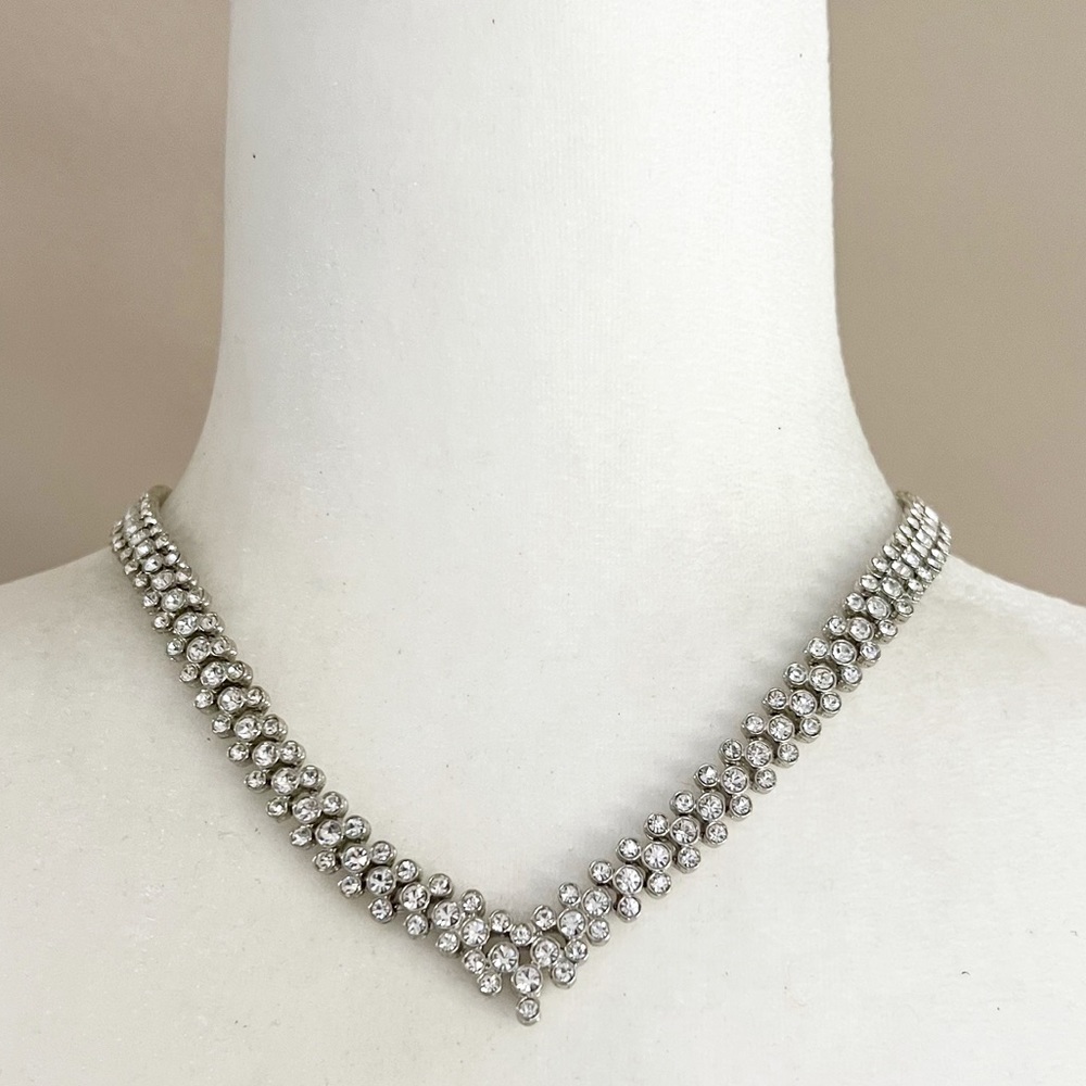 Rhinestone V Shape Necklace Wedding Silver Tone